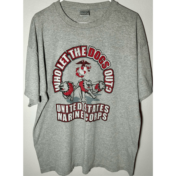 Vintage USMC US Marine Corps Who Let The Dogs Out Gray Short Sleeve T-shirt XL - Picture 2 of 8